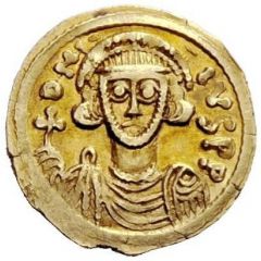 Tremissis in the name of Justinian II hand at right