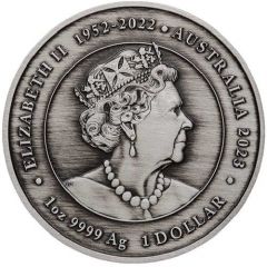 1 Dollar In the name of Elizabeth II, 6th Portrait - Dragon and Koi - Silver Antiqued Coin