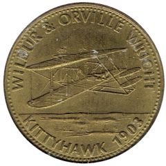 Shell Token - Man in Flight - Wilbur and Orville Wright - Kittyhawk brass, round