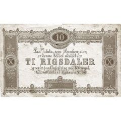 10 Rigsdaler Nationalbanken, handwritten serialnumber, 2 impressed stamps, signatures on reverse