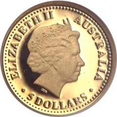 5 Dollars - Elizabeth II 4th Portrait - Dolphin, Gold Proof