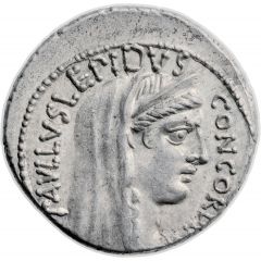 Denarius Aemilia: Lucius Aemilius Lepidus Paullus, PAVLLVS•LEPIDVS CONCORDIA / TER PAVLLVS