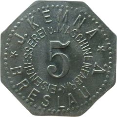 5 Pfennigs - Breslau J. Kemna Eisengiesserei u Maschinenfabrik