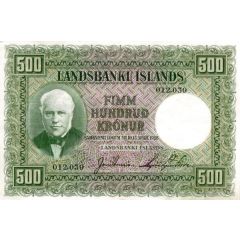 500 Krónur Landsbanki Íslands, green colour
