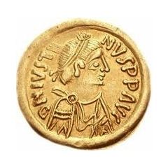 1 Tremissis In the name of Justin II, Victory facing left, large ribbon