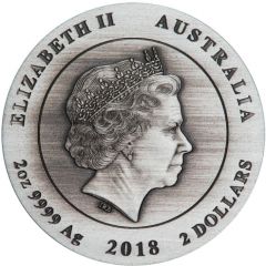 2 Dollars - Elizabeth II 4th Portrait - Kookaburra - Silver Antiqued - High Relief