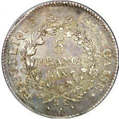 5 Francs Union et Force, UNION tight, with inner acorn above, outer acorn, small leaf
