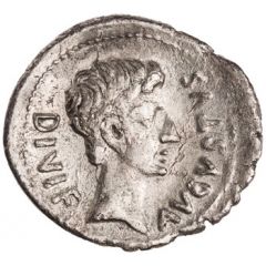 Denarius - Augustus and Julius Caesar M SANQVINIVS IIIVIR