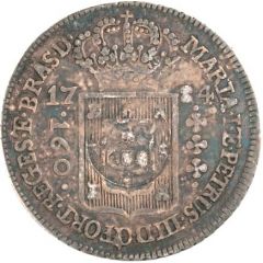 200 Réis - Luis I Countermark 'CROWNED G.P.' over '160 Réis - Maria I and Pedro III, Brazil'