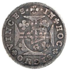 100 Réis - Luiz I Countermark `CROWNED G.P.` over 3 Vinténs, Portugal