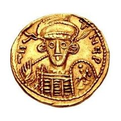 1 Solidus In the name of Constantine IV, Four steps, staffs left