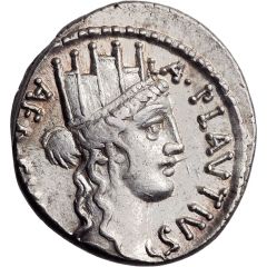Denarius Plautia: Aulus Plautius, A•PLAVTIVS AED•CVR•S•C / BACCHIVS IVDAEVS