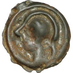 Potin with helmeted head and rosette