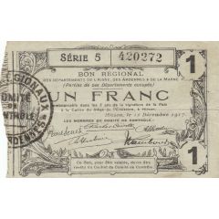 1 Franc - Bon Régional des départements de l`Aisne [02], des Ardennes [08] and de la Marne [51]
