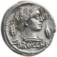 Denarius Furia: Lucius Furius Brocchus, III VIR BROCCHI / L•FVRI CN•F
