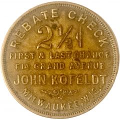 2 1/2 Cents - John Kofeldt - Rebate Check Milwaukee, Wisconsin