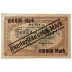 100 000 Mark overstamp on 500 Mark