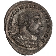 Nummus - Constantius I as Caesar Large head, FL VAL CONSTANTIVS NOB C, GENIO POPVLI ROMANI, Londinium