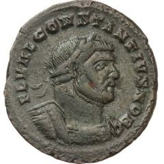 Nummus - Constantius I as Caesar Smaller head, FL VAL CONSTANTIVS NOB C, GENIO POPVLI ROMANI, Londinium