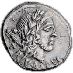 Denarius Papia: Lucius Papius Celsus, TRIVMPVS / L•PAPIVS CELSVS•III•VIR