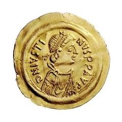 1 Tremissis In the name of Justin II, Victory facing left, small ribbon