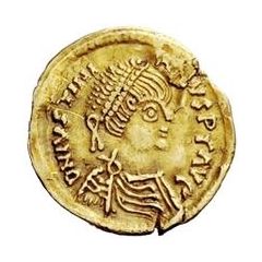 1 Tremissis In the name of Justinian I, Crossed tassels, hanging