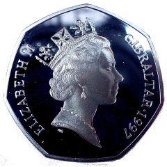 50 Pence - Elizabeth II Dolphins - small type, Silver Proof