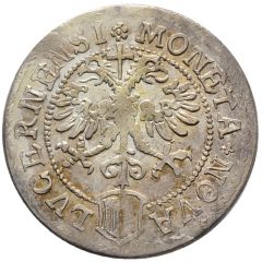 Dicken Saint Leodegar facing right, date on reverse, small square shield
