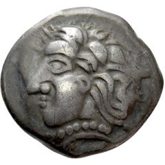 Drachm with cross, early series with dolphins plant sprouting from the mouth, torque, four points, ax, eye