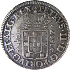 Cruzado/400 Réis - Pedro II King`s crown, Lisbon mint